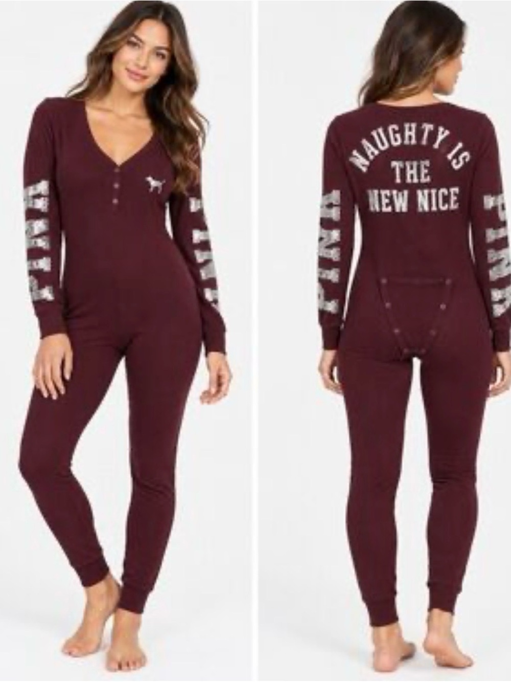 Women’s Victoria Secret PINK Burgundy Henley Pajama - Naughty Is The New Nice
